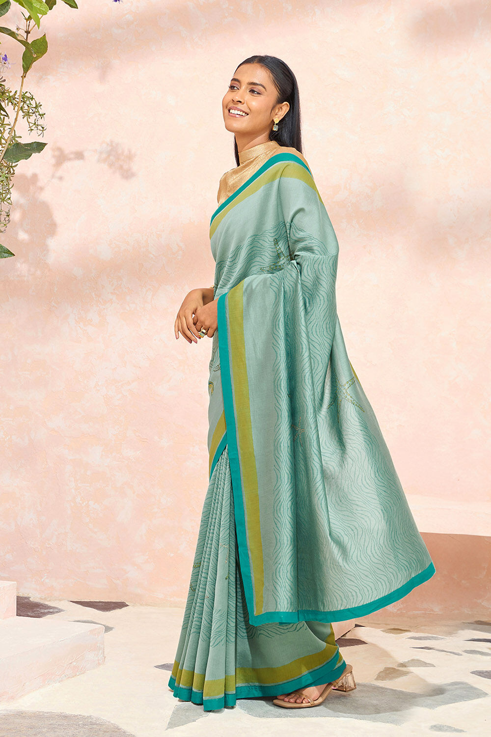 Blue Block Printed Pure Silk Cotton Saree image number null