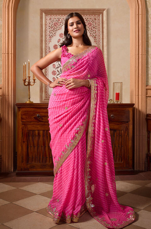 Pink Pure Silk Georgette Embroidered Saree
