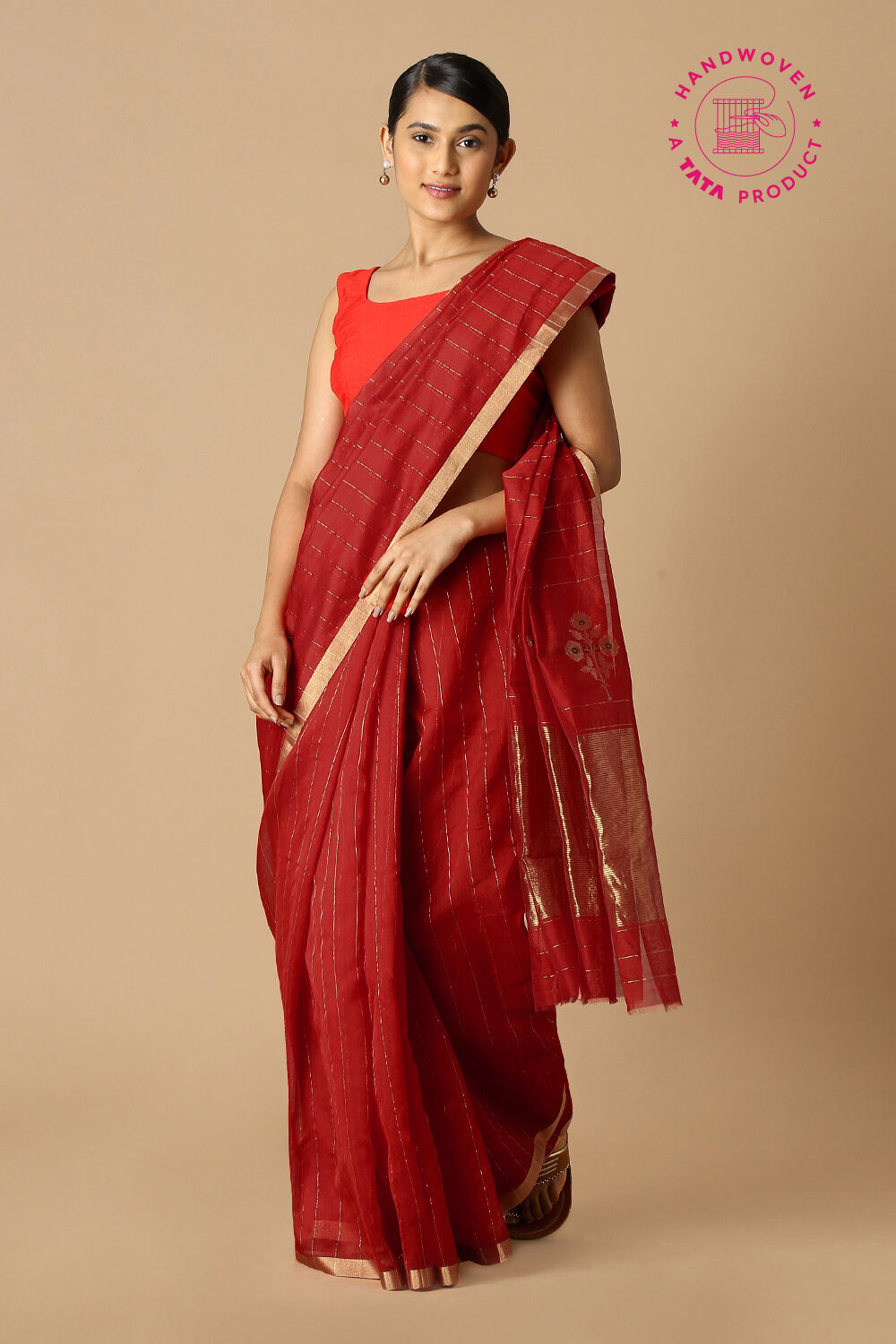 Red Pure Silk Cotton Chanderi Saree image number null