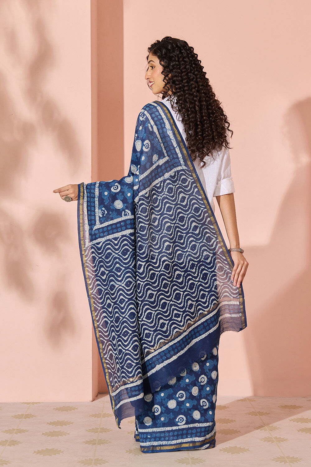 Blue Printed Mukaish Pure Silk Cotton Bagru Saree image number null