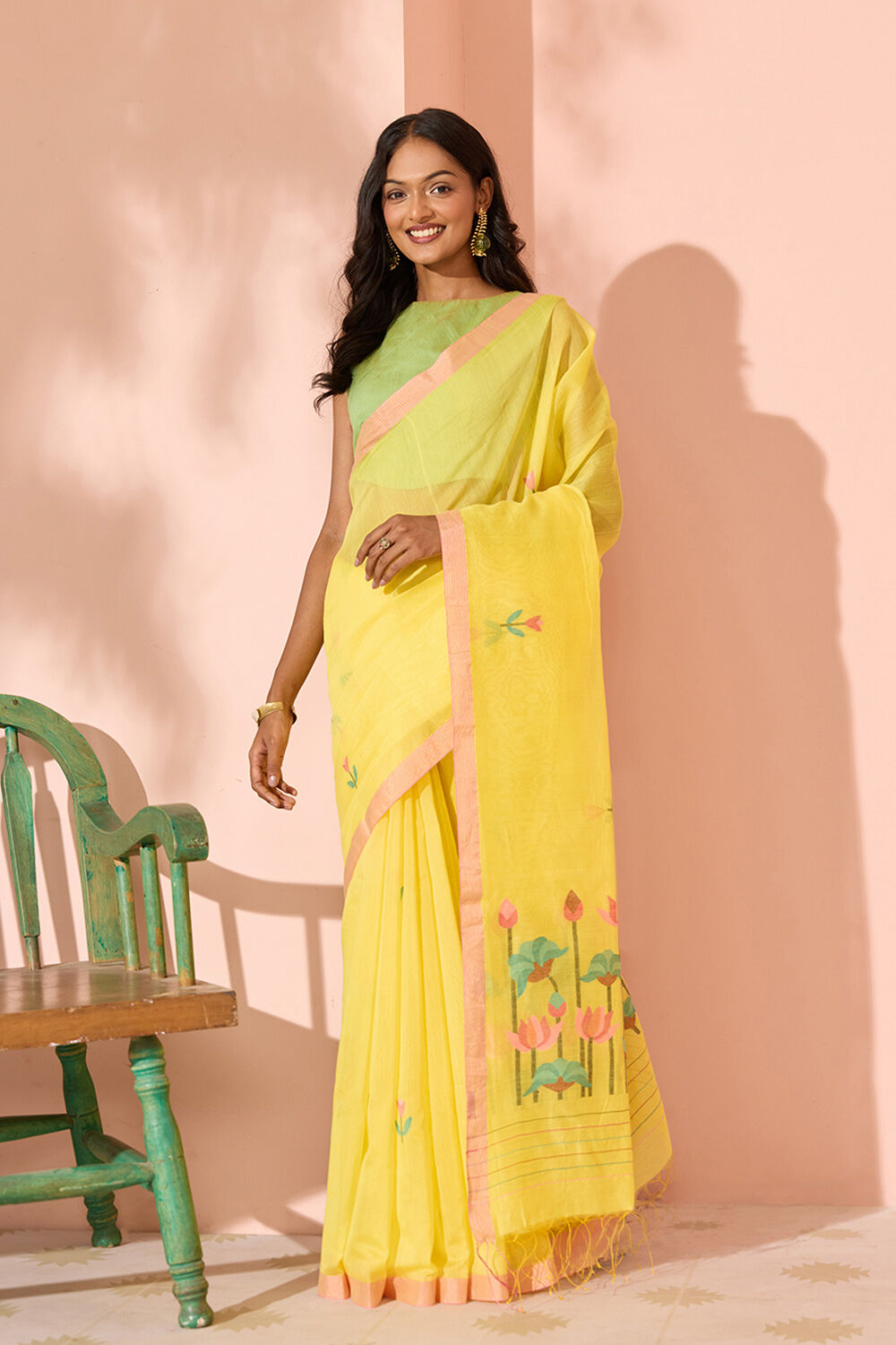 Yellow Jamdani Pure Silk Cotton Bengal Saree image number null