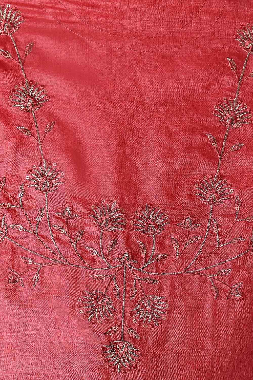 Red Tussar Embroidered Unstitched Suit Set image number null