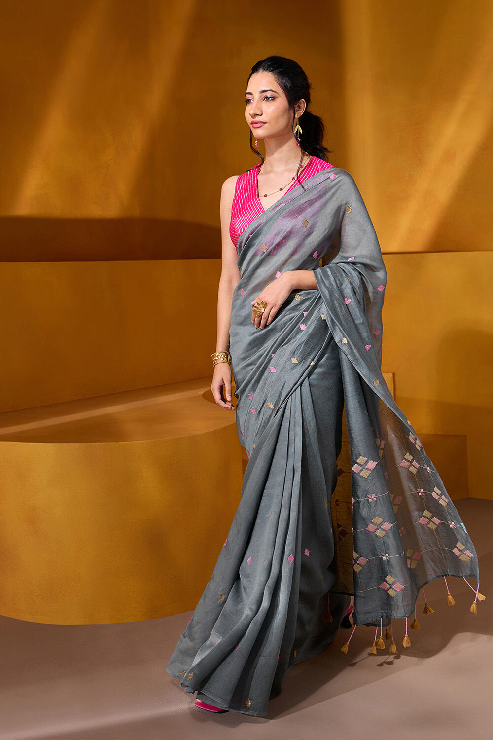 Grey Embroidered Silk Tencel Saree image number null