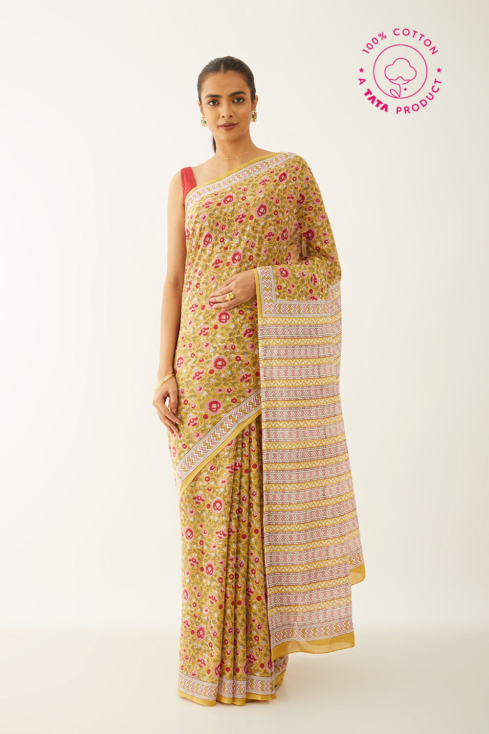 Yellow Pure Cotton Block Print Saree image number null
