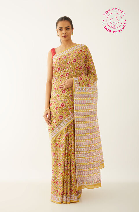 Yellow Pure Cotton Block Print Saree
