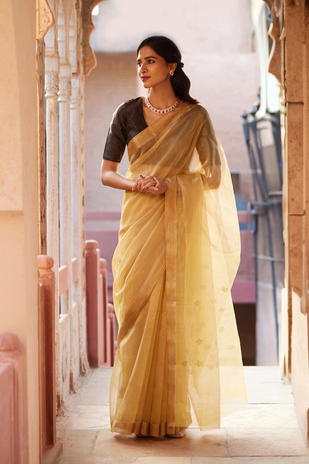 Yellow Woven Pure Silk Tissue Chanderi Saree image number null