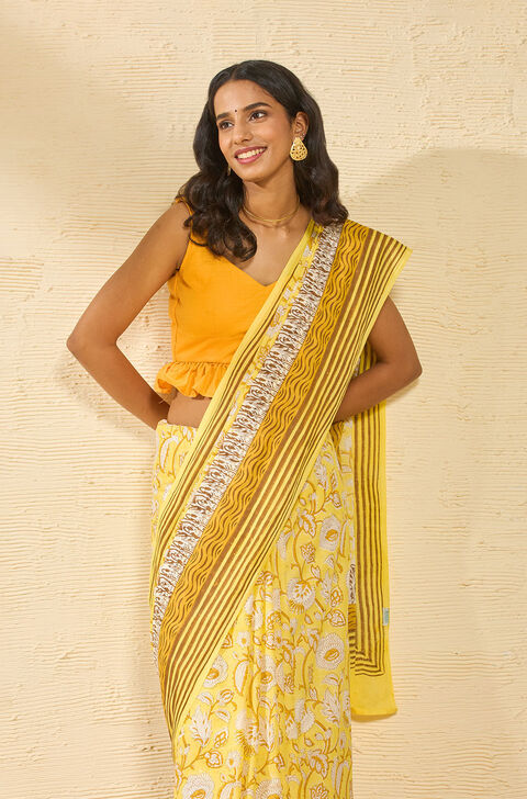 Light Yellow Rajasthan Pure Cotton Printed Sanganeri Saree