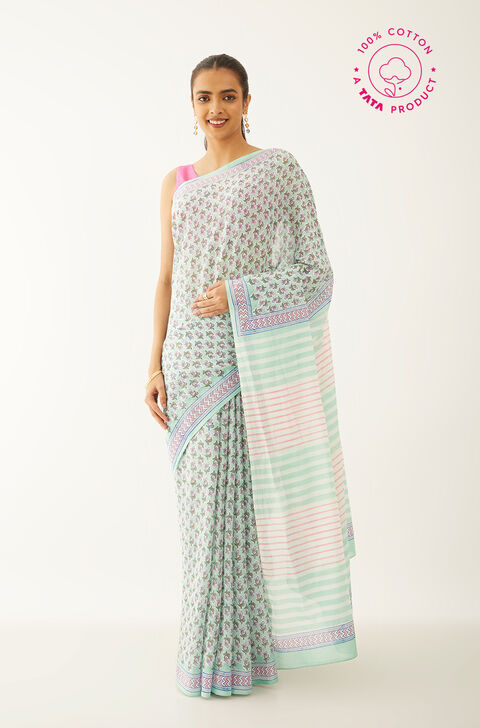 Light Green Pure Cotton Block Print Saree