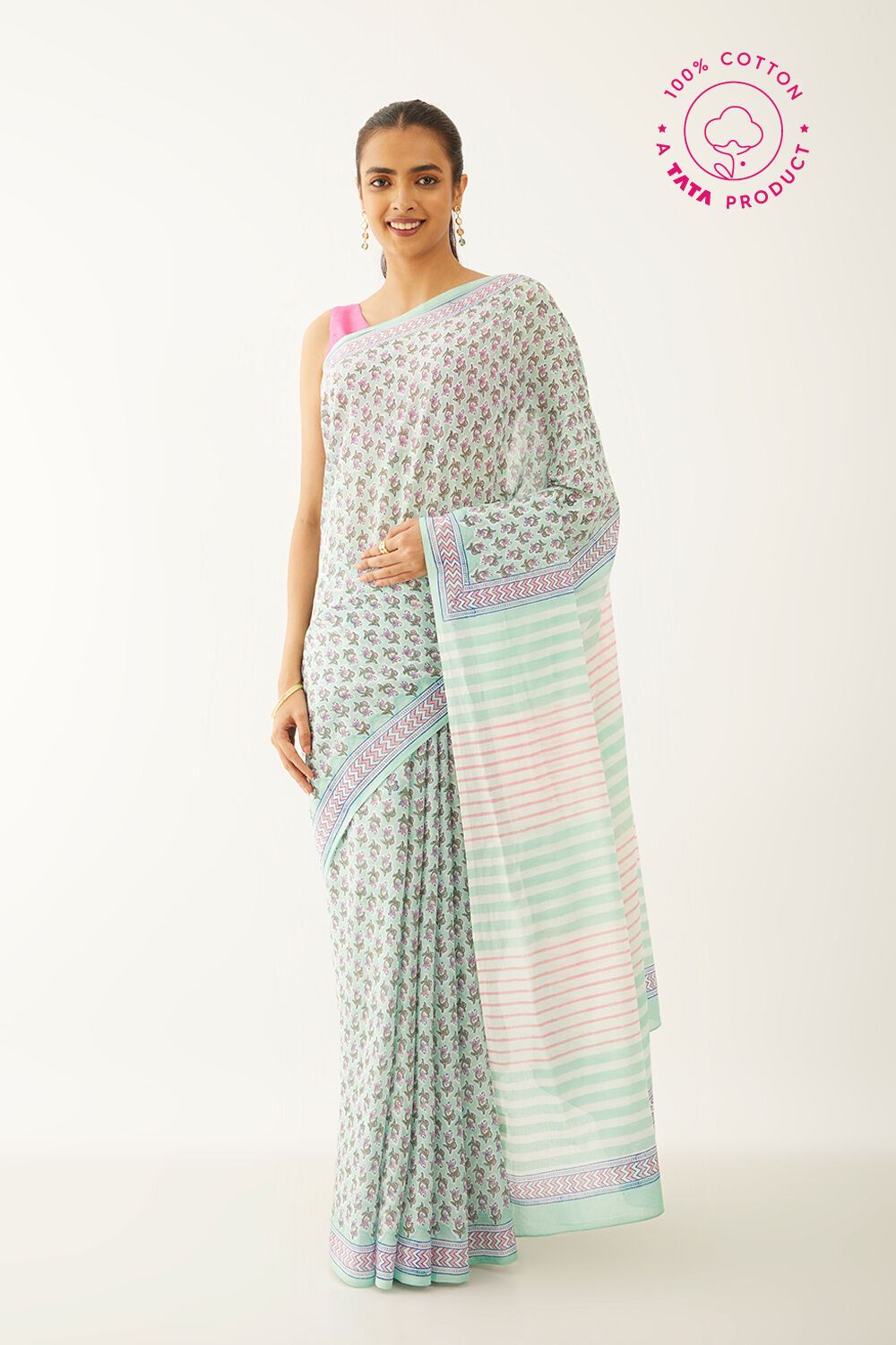 Light Green Pure Cotton Block Print Saree image number null