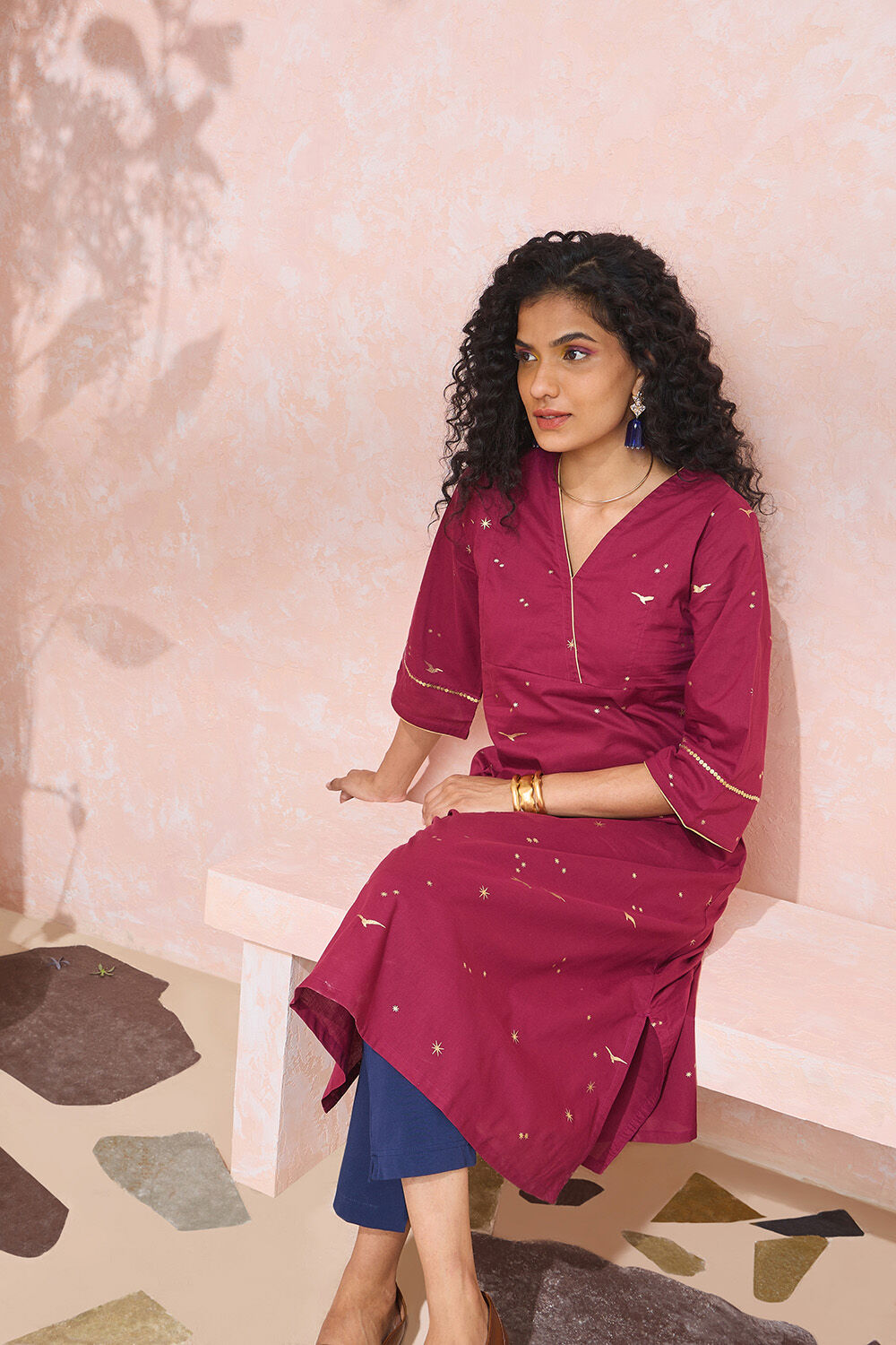 Dark Pink Screen Printed Pure Cotton Kurta image number null