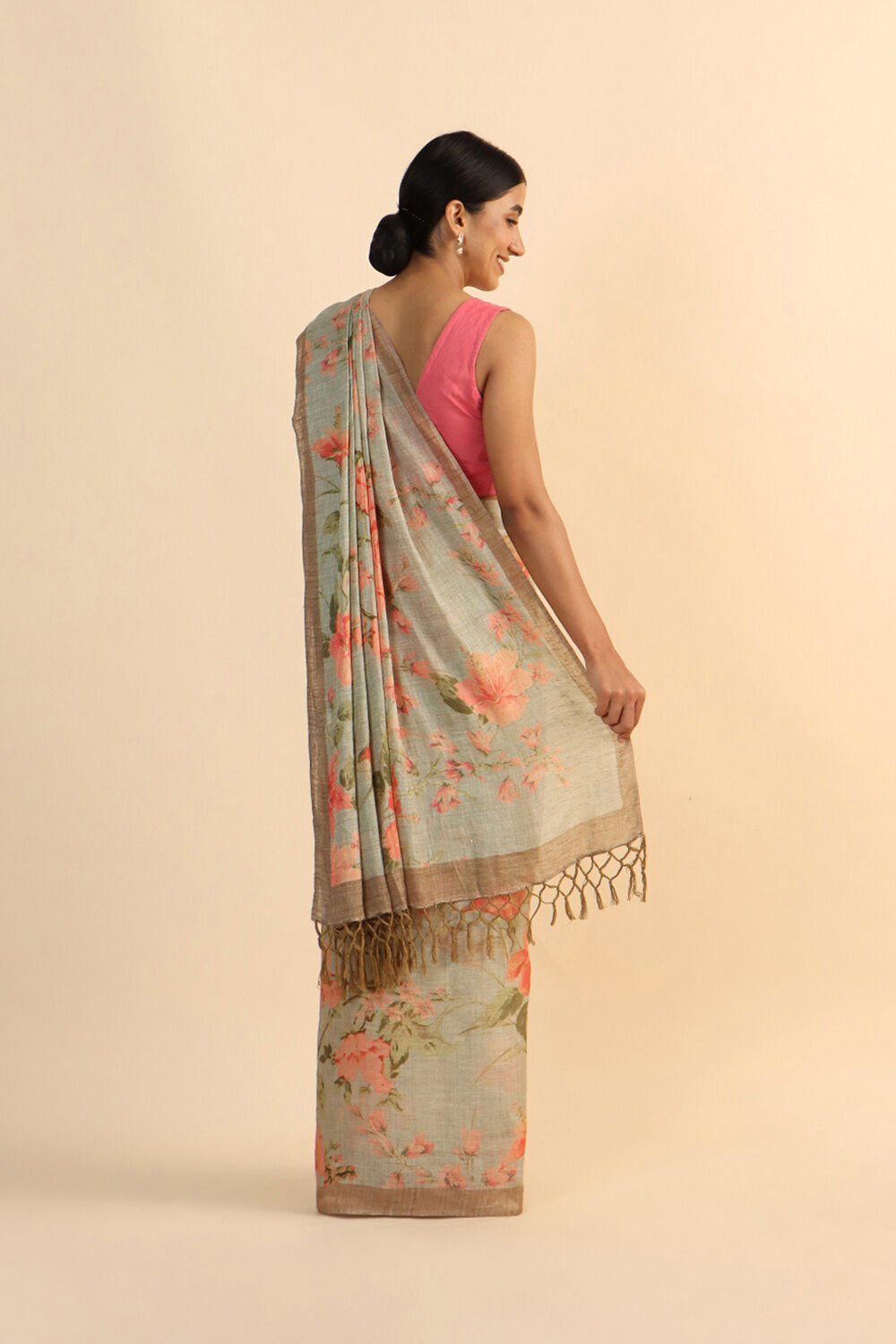 Light Green Pure Linen Digital Printed Saree image number null