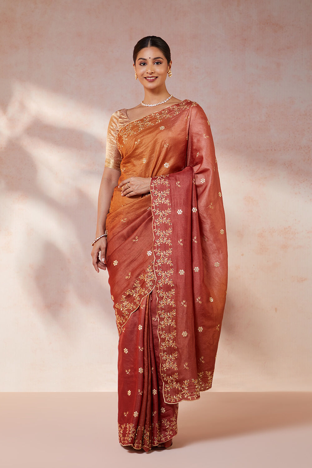 Orange Pure Tussar Silk Embroidered Saree image number null
