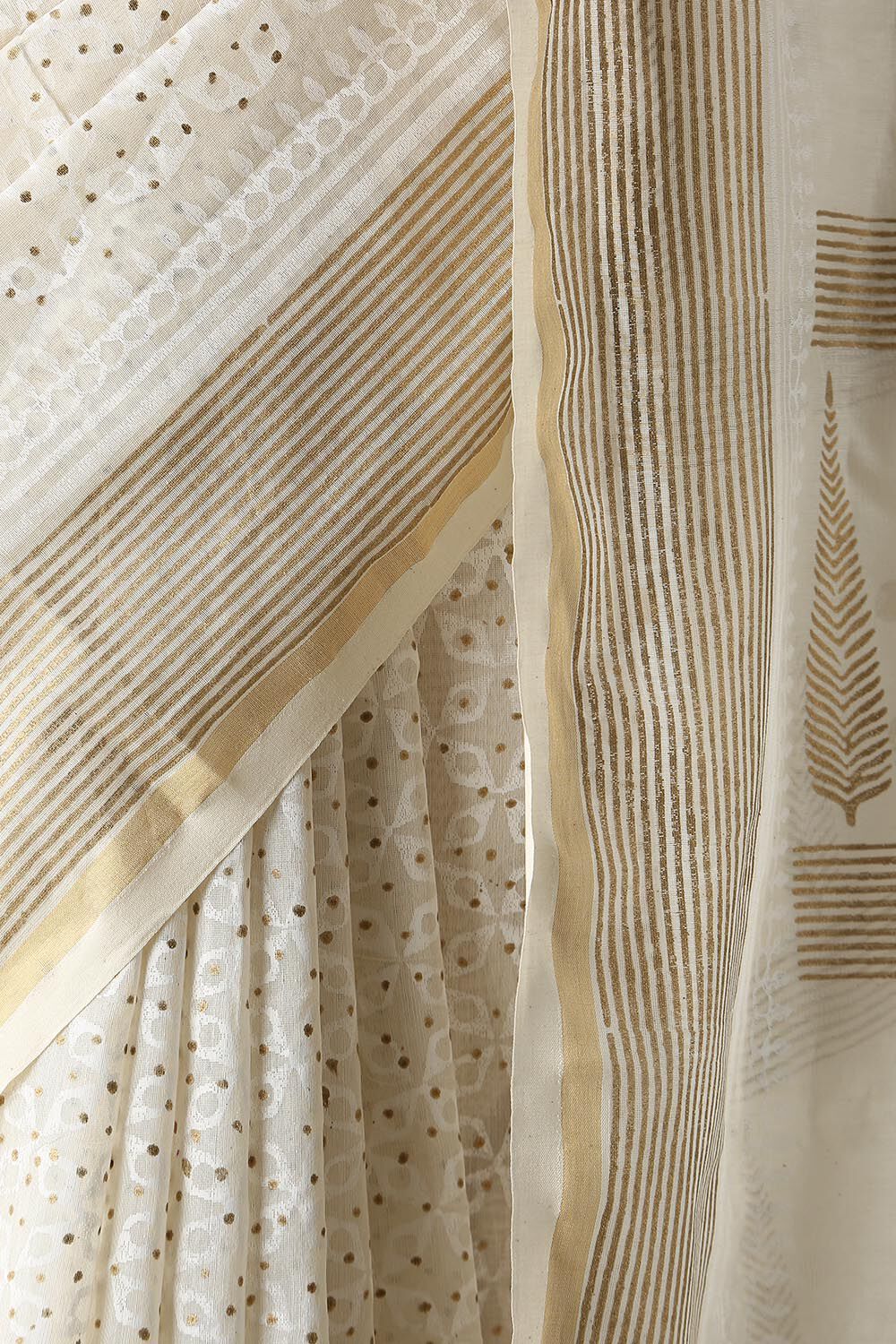Off White Pure Silk Cotton Hand Printed Saree image number null