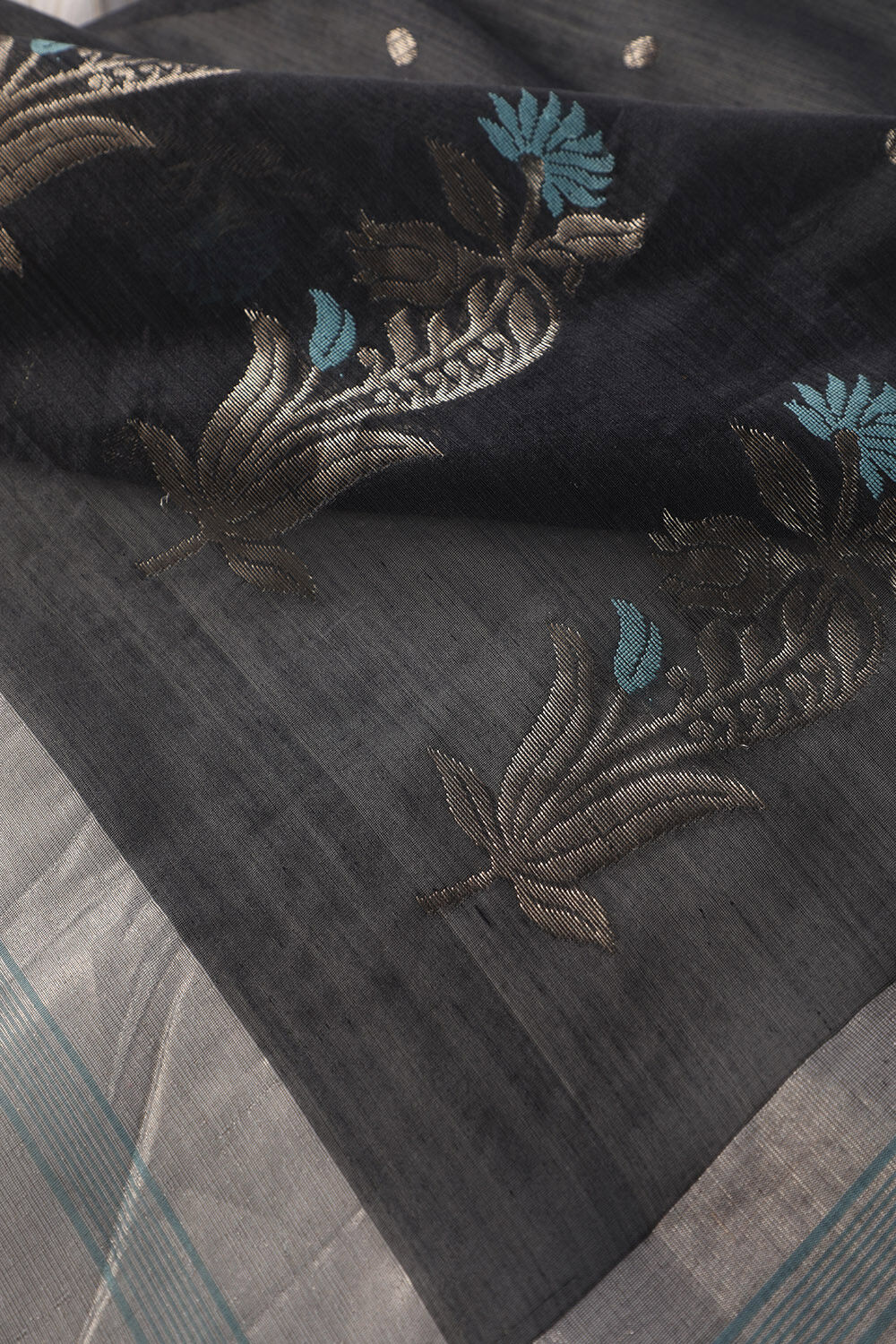Black Chanderi Pure Silk Cotton Woven Saree image number null