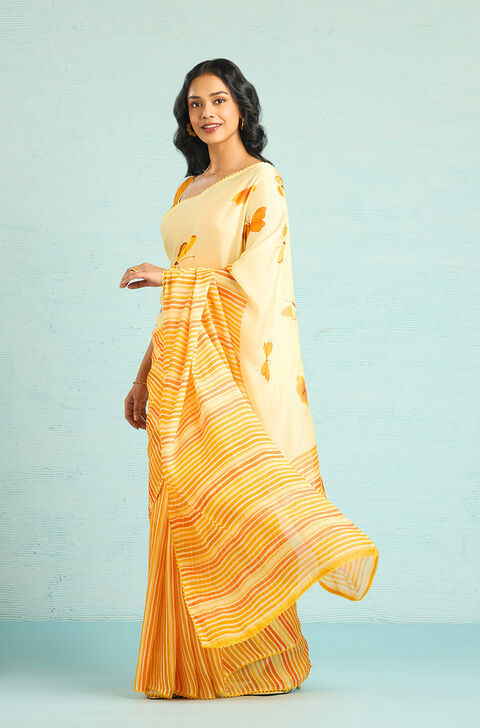 Yellow Printed Viscose Crepe Saree