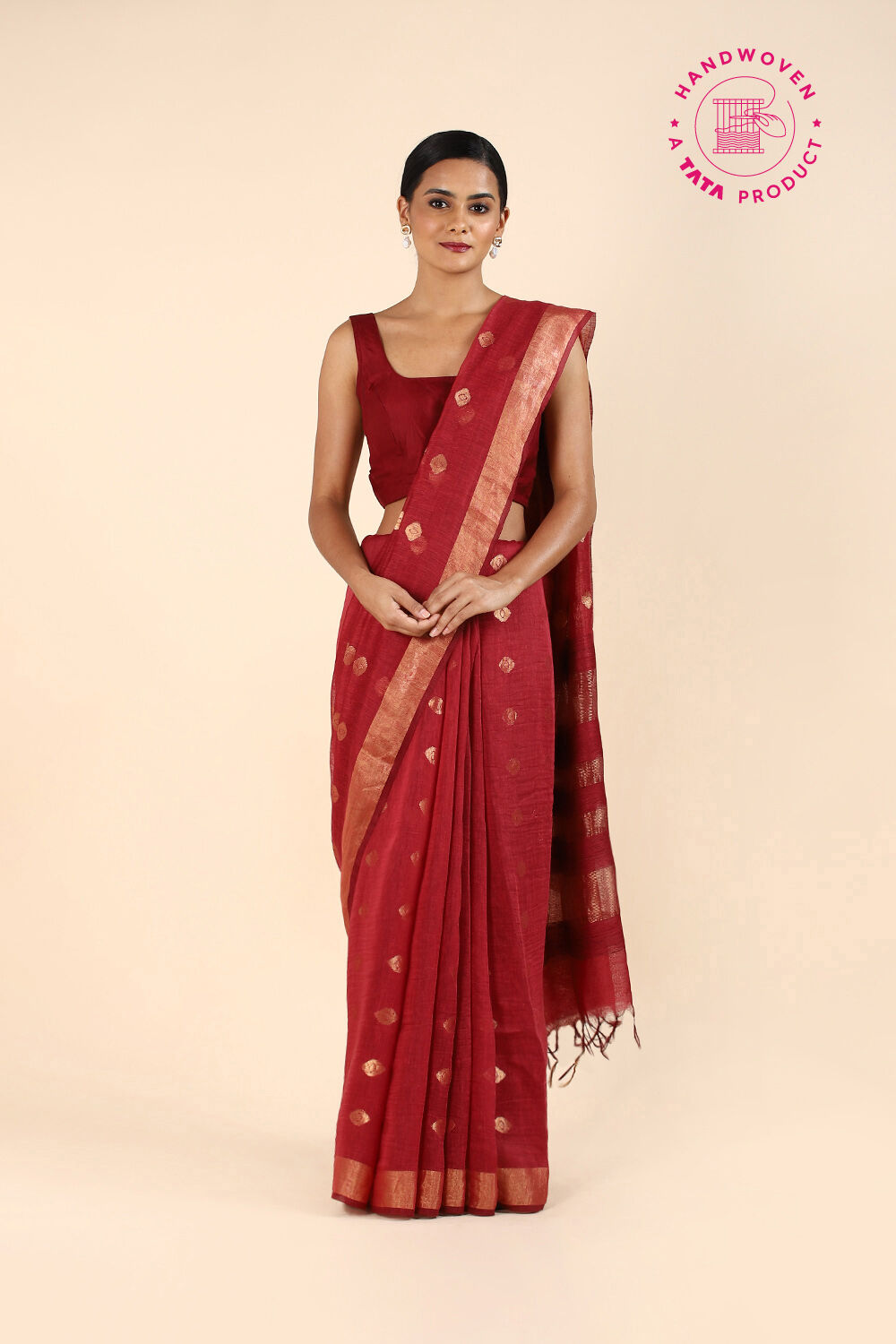 Dark Red Pure Silk Linen Bengal Saree image number null