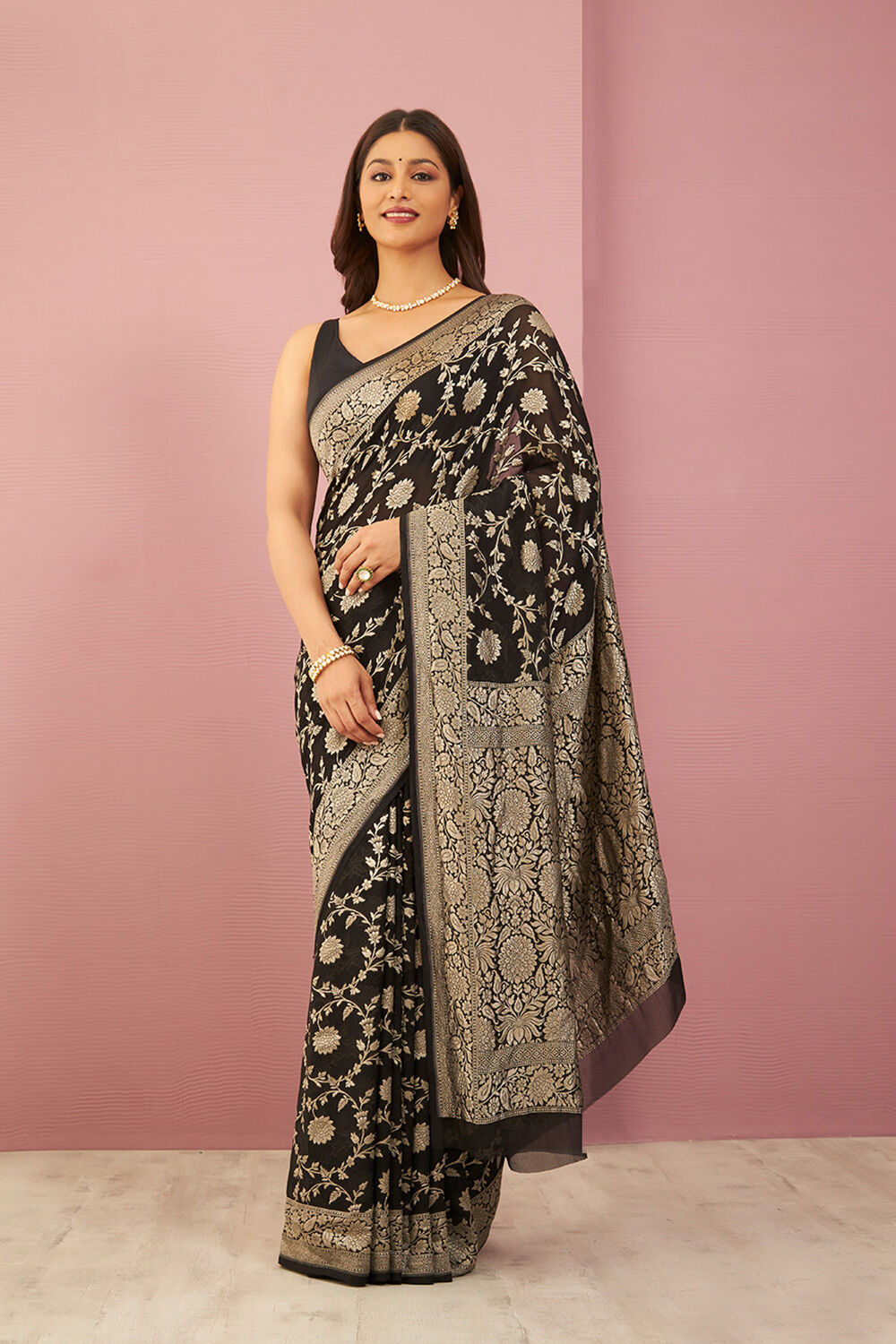 Black Pure Silk Georgette Cutwork Banaras Saree image number null