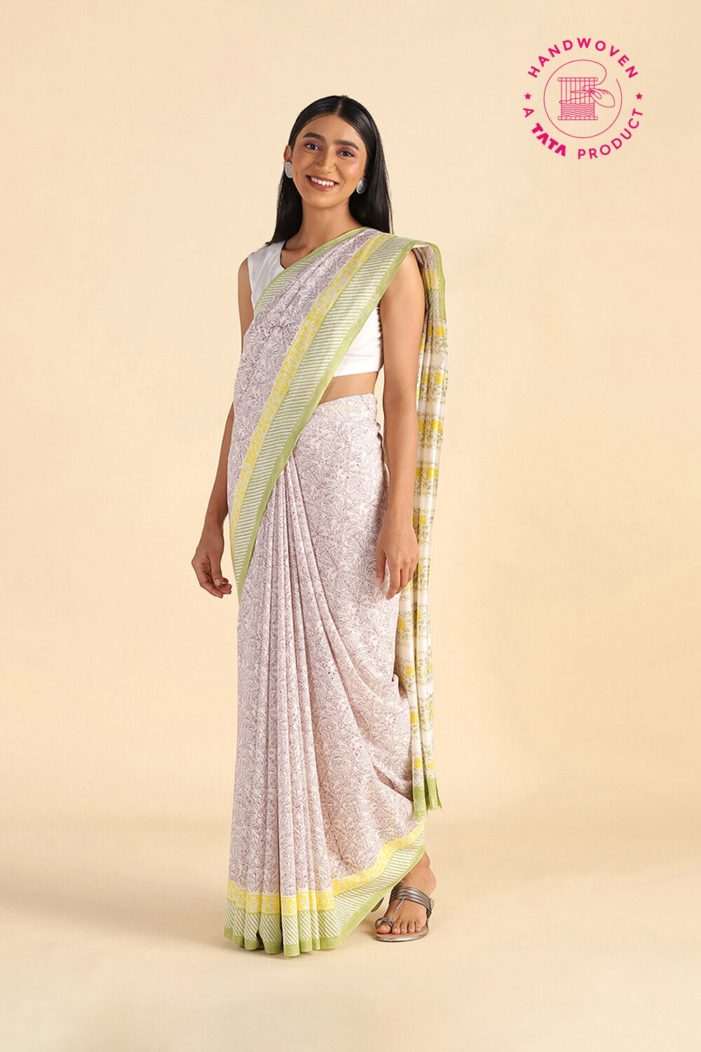 Light Green Pure Khadi Cotton Sanganeri Hand Blockprinted Saree image number null
