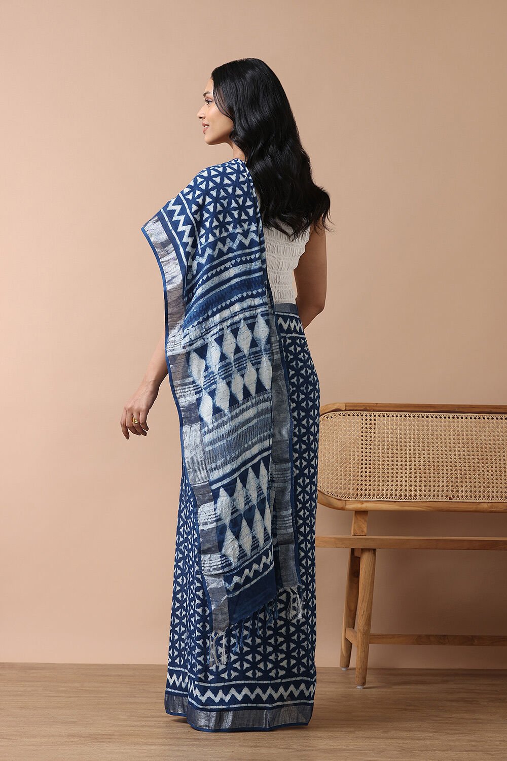 Blue Cotton Viscose Rajasthan Block Printed Saree image number null