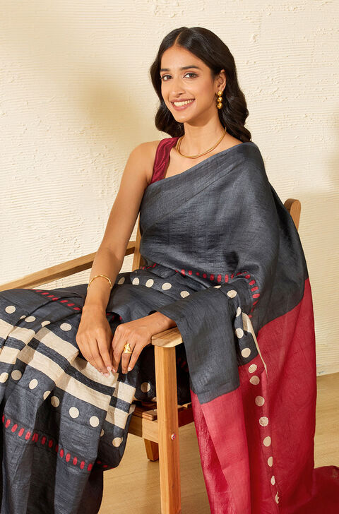 Black Chattisgarh Pure Tussar Silk Hand Painted Saree