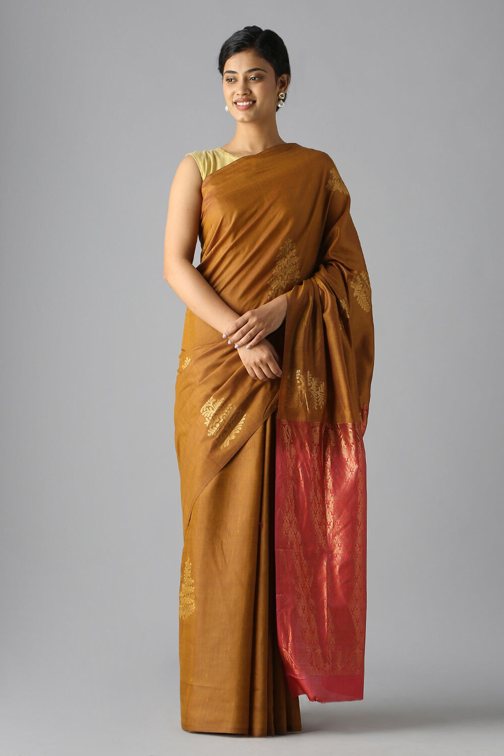 Brown Pure Silk Tencel South Saree image number null