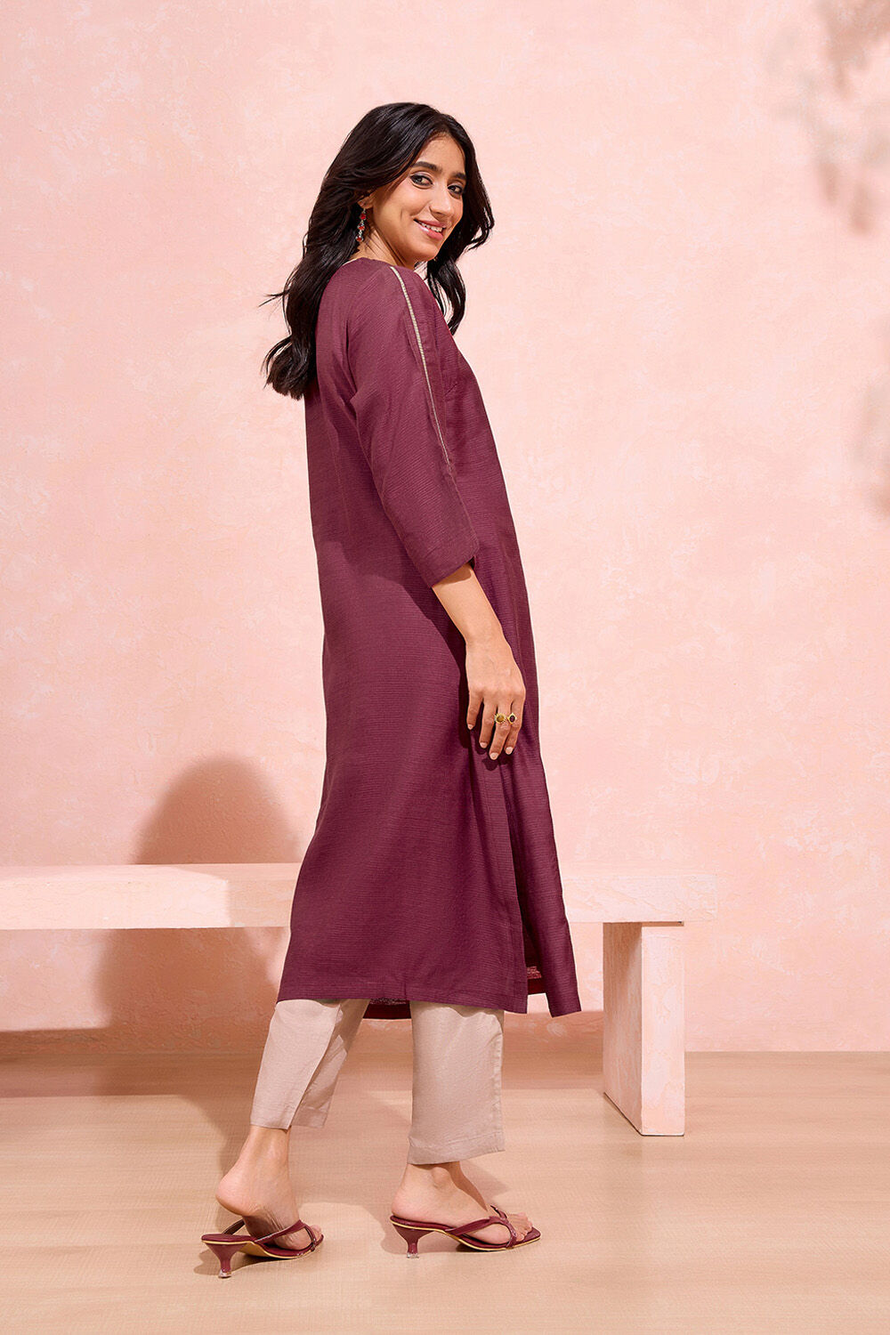 Dark Red Woven Pure Tussar Silk Kurta Set image number null