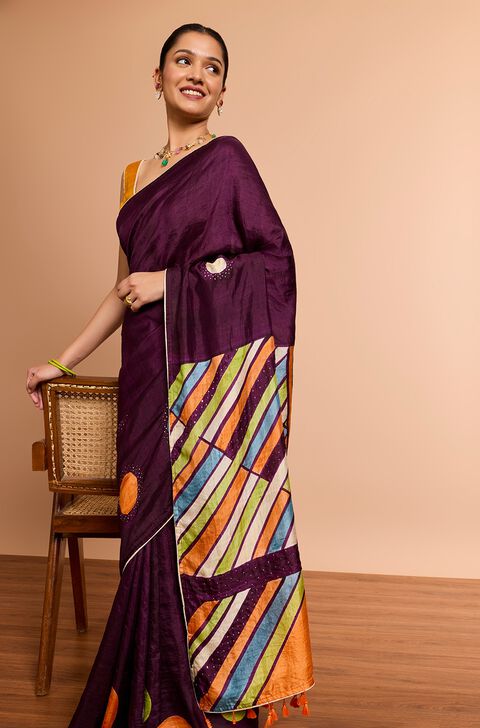 Purple Murshidabad Pure Silk Hand Painted Saree