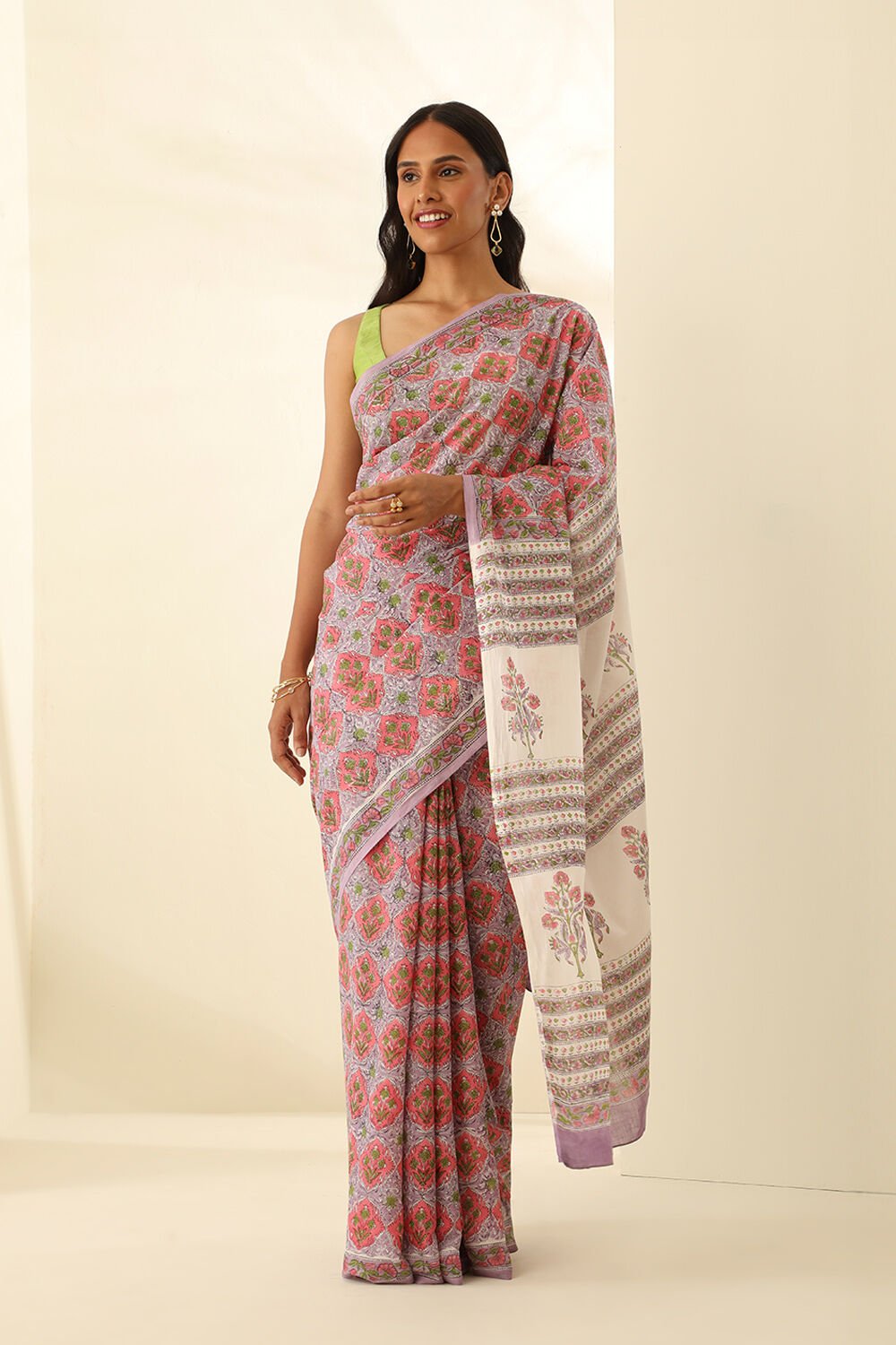 Light Violet Pure Cotton Bagru Block Printed Saree image number null