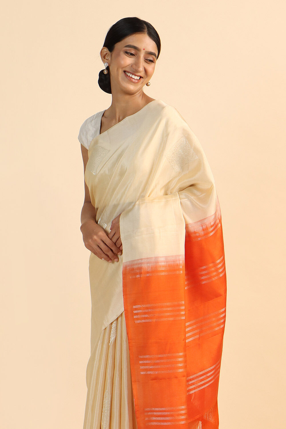 Beige Pure Silk Tencel South Saree image number null