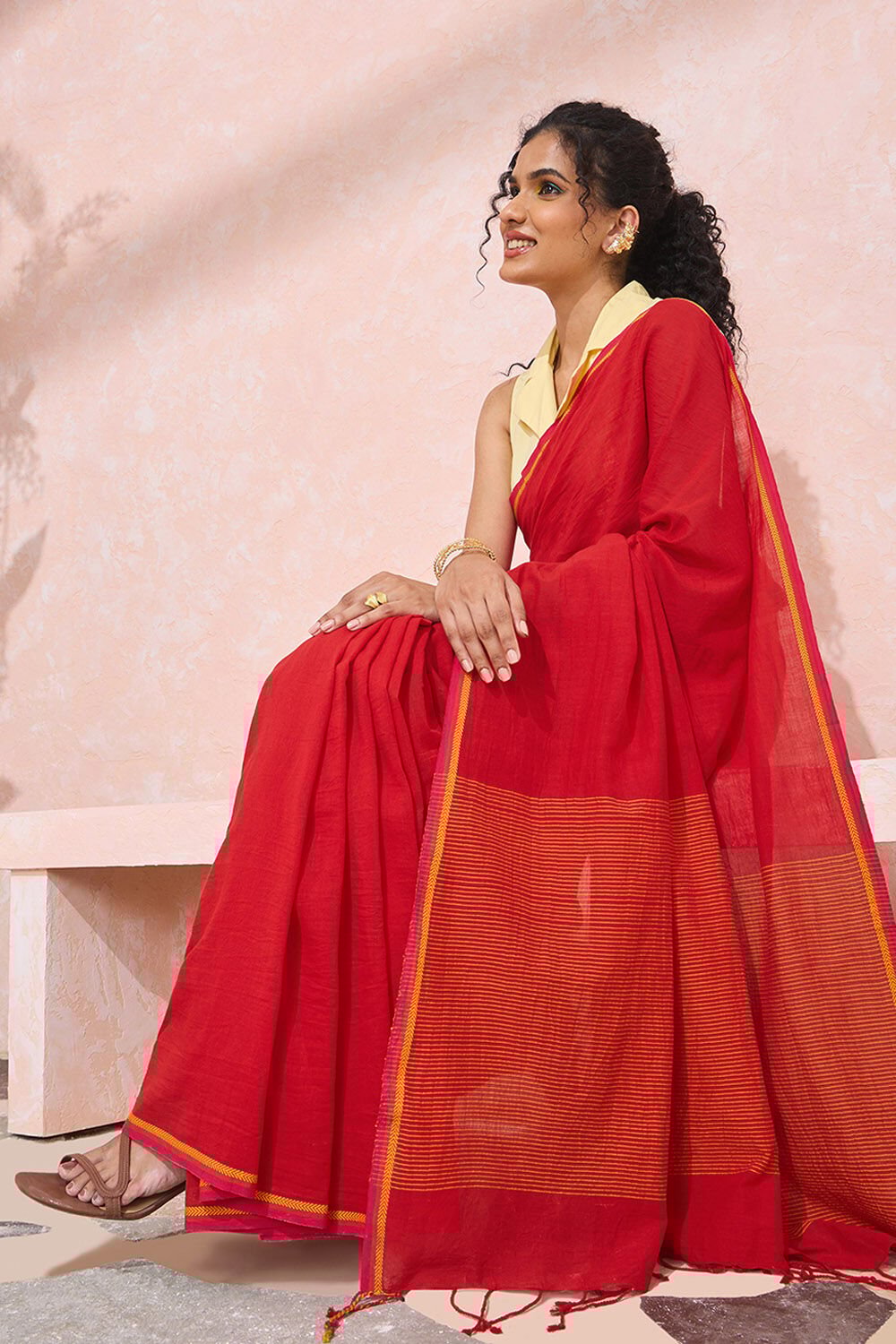 Red Woven Pure Cotton Bengal Saree image number null
