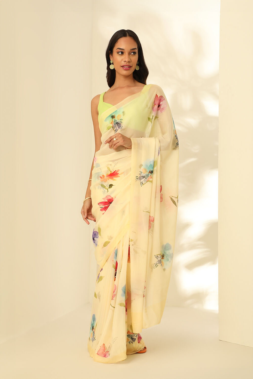 Light Yellow Viscose Crepe Digital Print Saree image number null