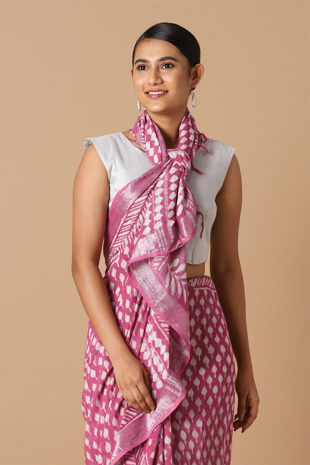 Dark Pink Pure Cotton Linen Bagru Printed Saree image number null