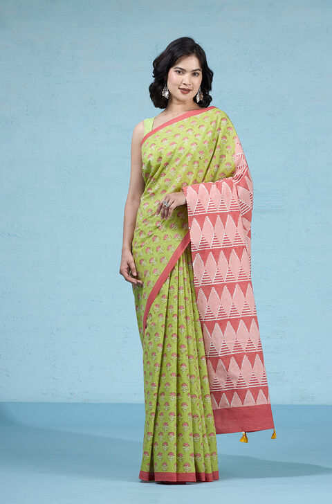 Light Green Pure Cotton Mulmul Block Printed Bengal Saree