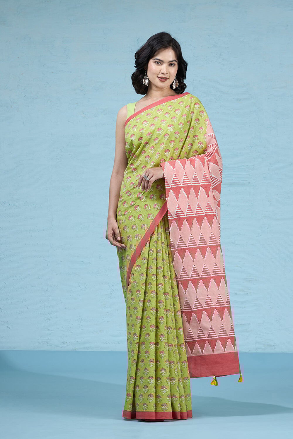 Light Green Pure Cotton Mulmul Block Printed Bengal Saree image number null