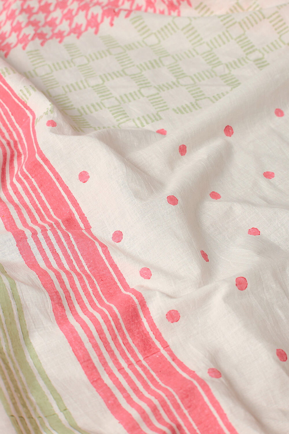 Off White Pure Cotton Mulmul Block Printed Bengal Saree image number null