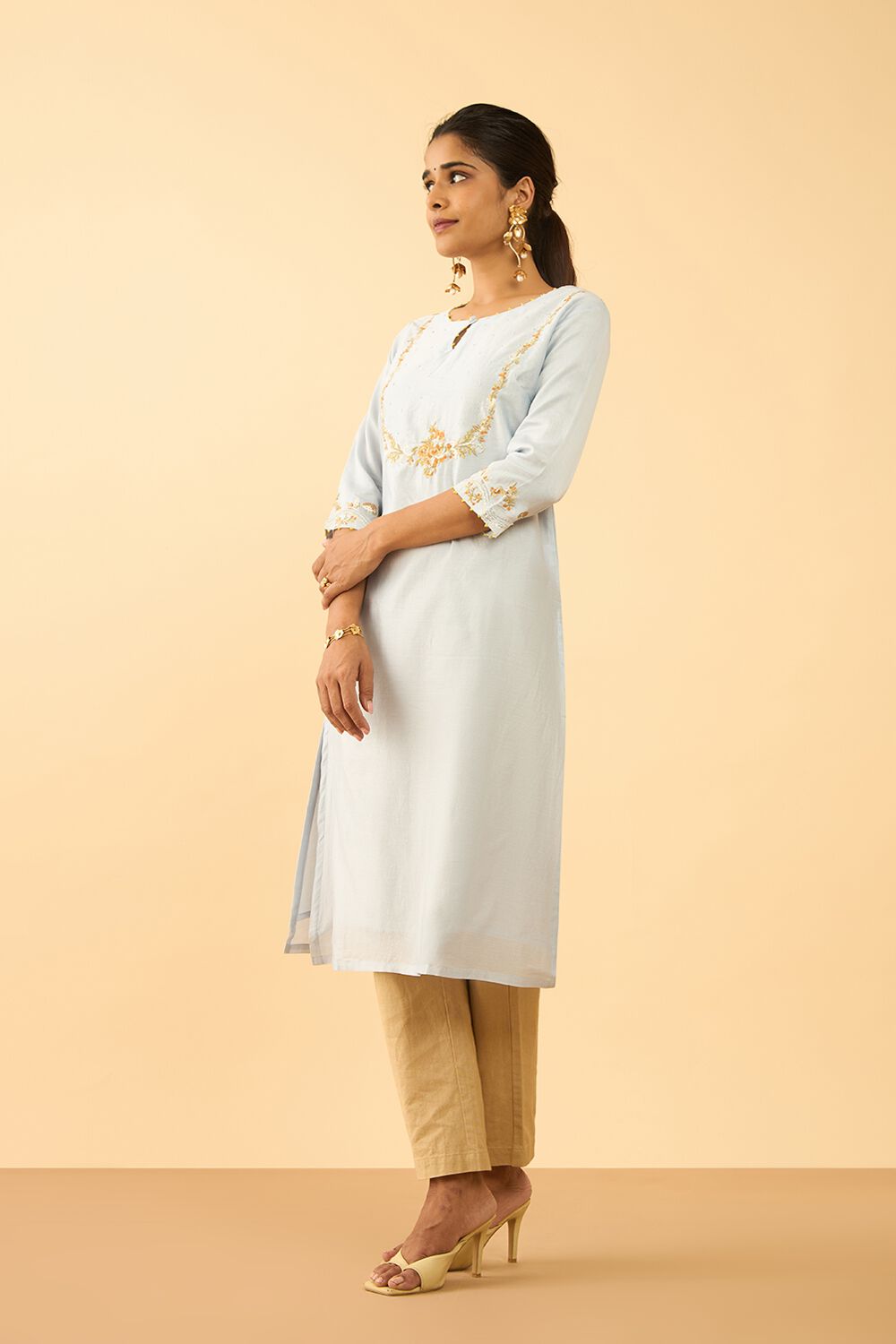 Light Blue Pure Silk Cotton Embroidered Kurta image number null