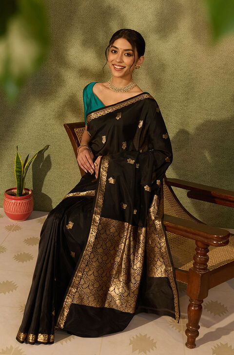 Black Silk Viscose Kadwa Banaras Inspired Design Saree