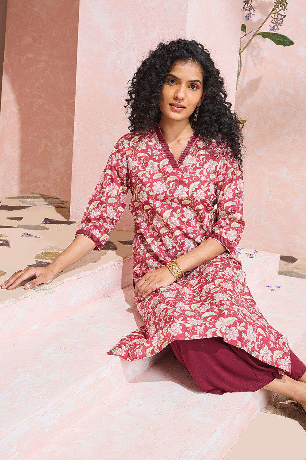 Pink Screen Printed Pure Cotton Kurta image number null