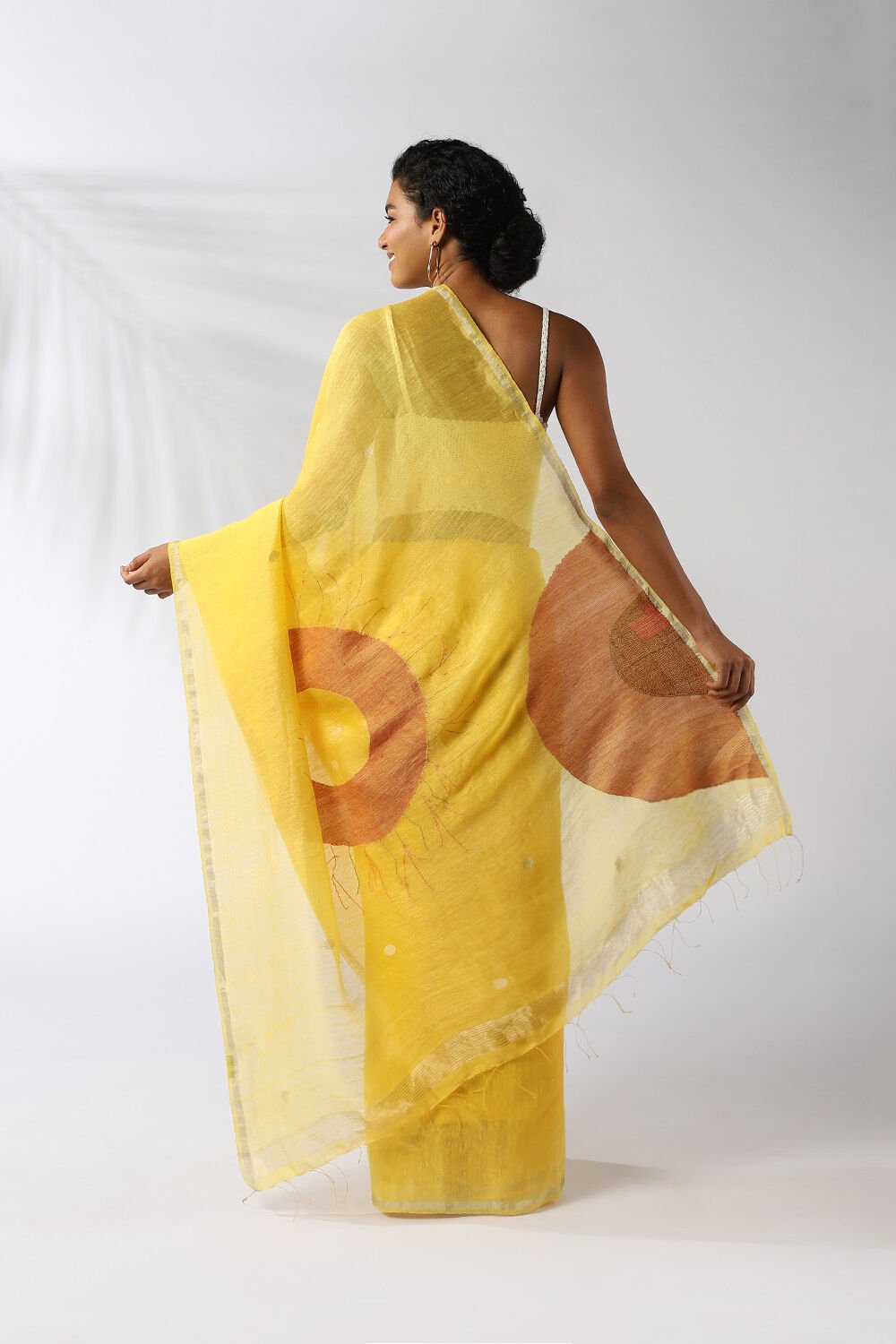 Yellow Pure Silk Linen Shibori Saree image number null