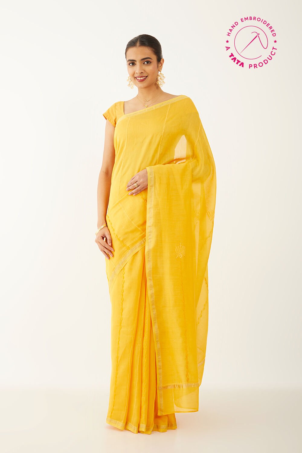 Yellow Pure Silk Cotton Chikankari Embroidery Saree image number null