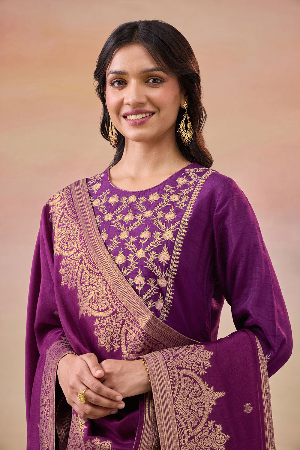 Dark Violet Pure Viscose Embroidered Kurta Set image number null