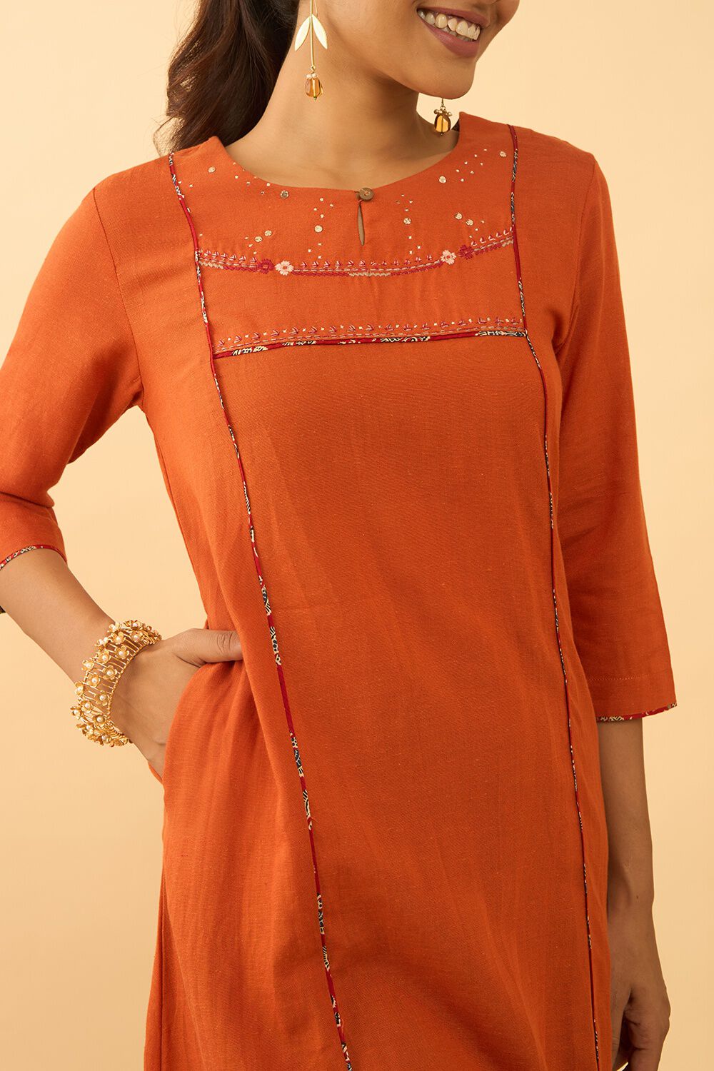 Orange Rayon Cotton Embroidered Kurta image number null
