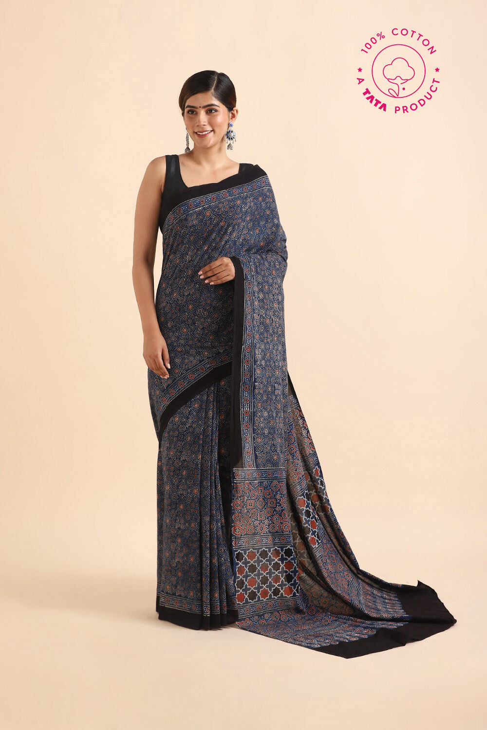 Blue Pure Cotton Ajrakh Printed Saree image number null
