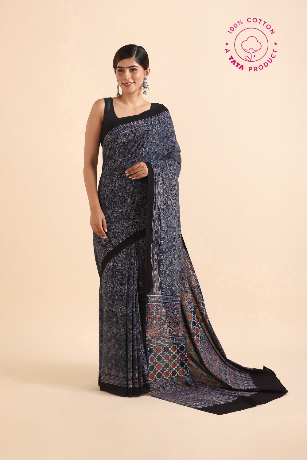 Blue Pure Cotton Ajrakh Printed Saree image number null