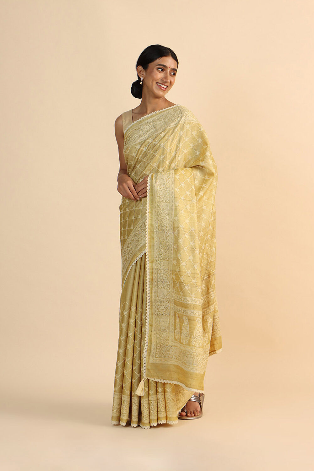 Yellow Pure Tussar Embroidered Saree image number null