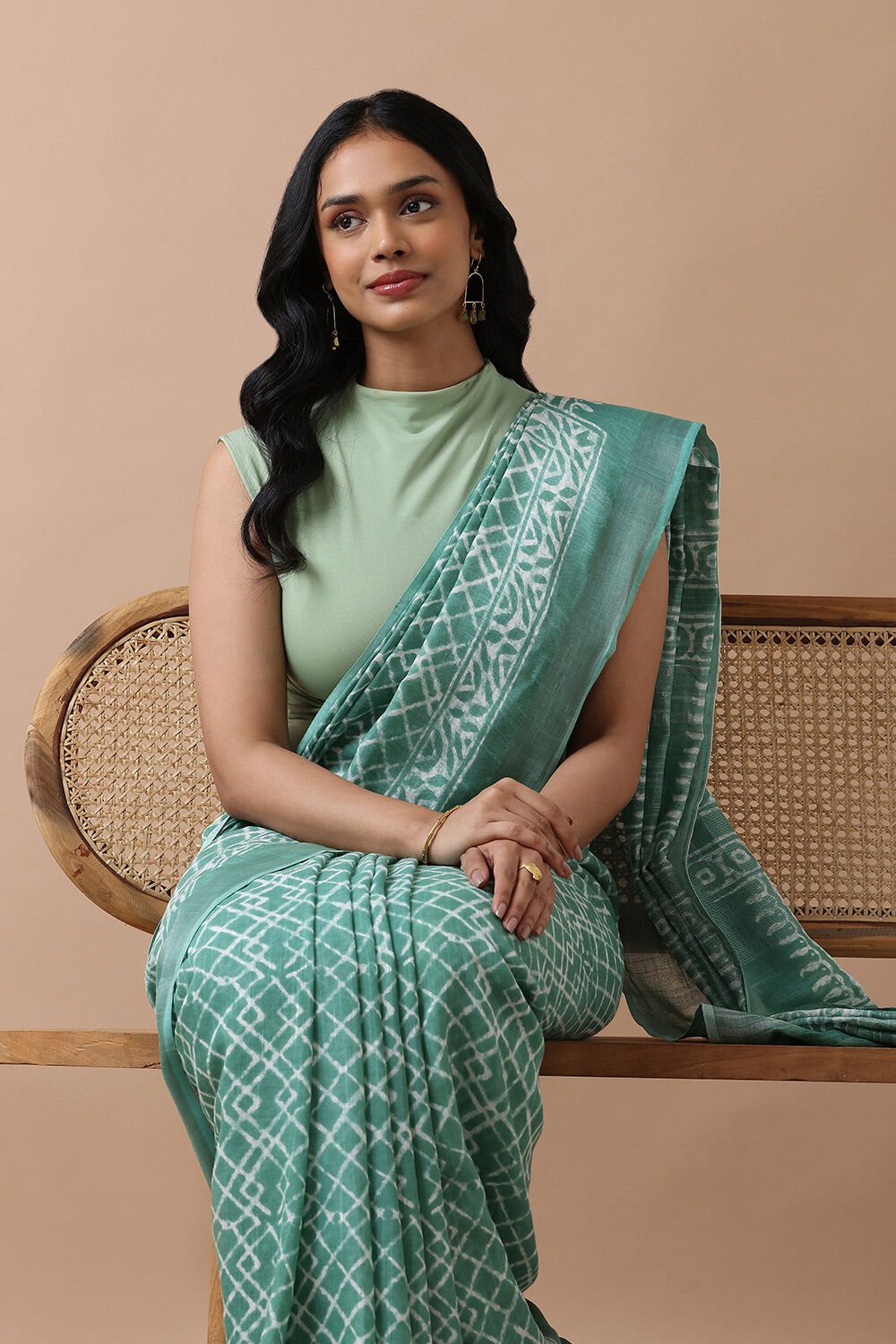 Green Cotton Viscose Contemporary Block Printed Saree image number null