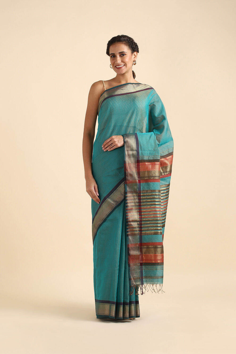 Green Pure Cotton Tissue Maheswari Saree image number null