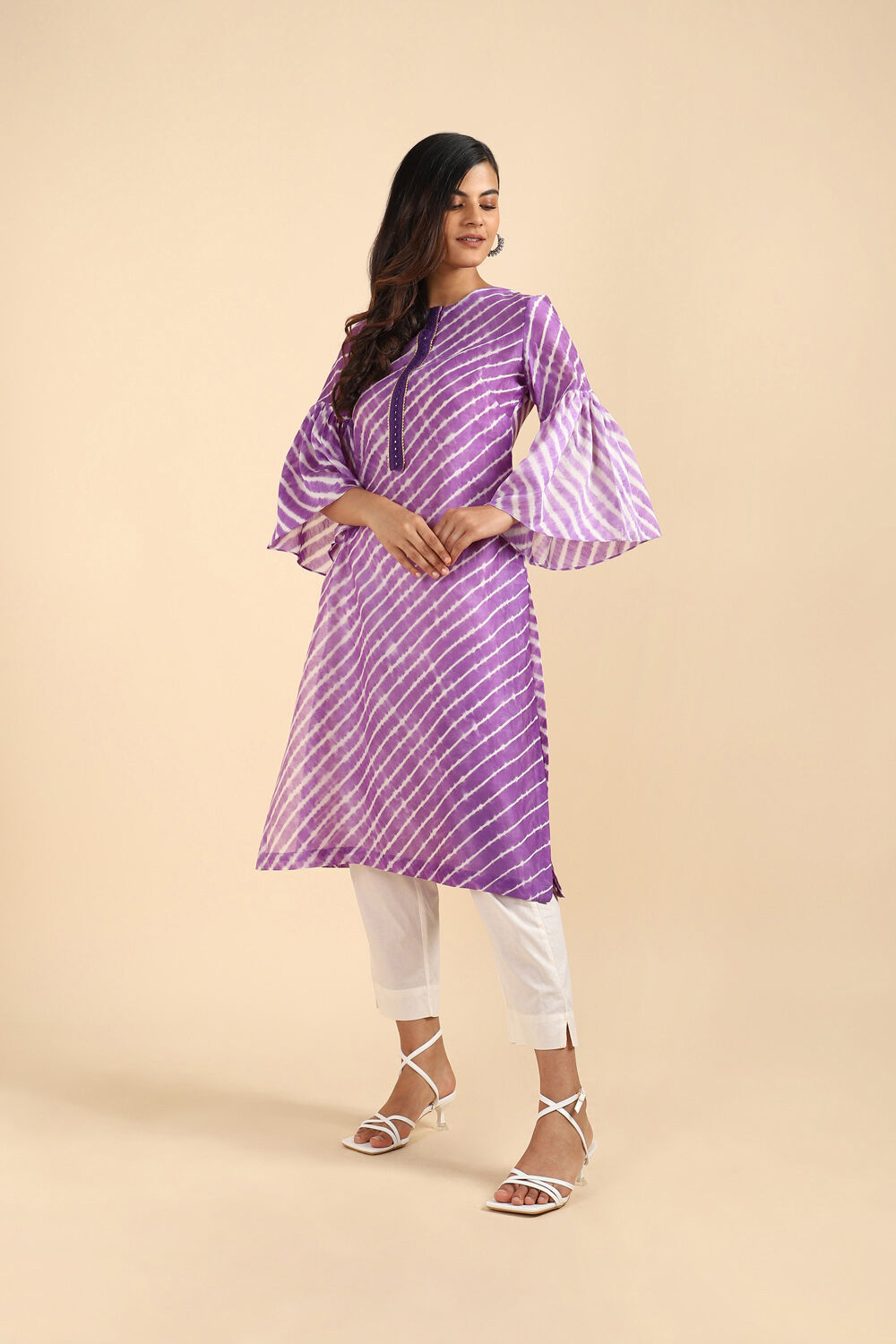 Light Violet Silk Cotton Tie and Dye Leheriya Kurta image number null