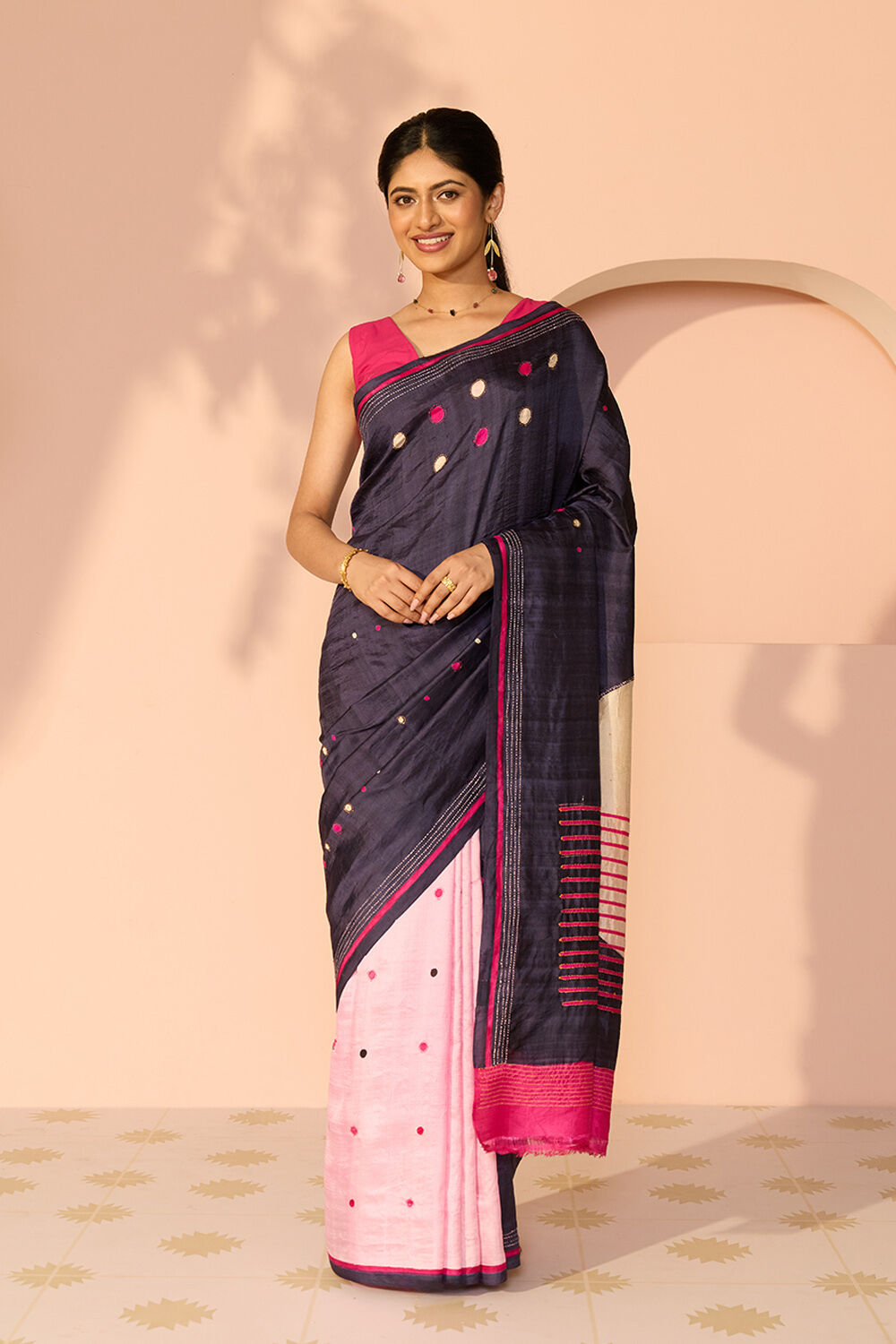 Dark Blue Bengal Pure Silk Hand Painted Saree image number null