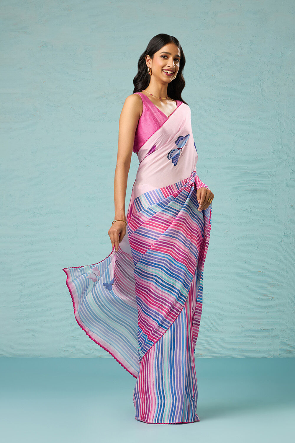Pink Printed Viscose Crepe Saree image number null